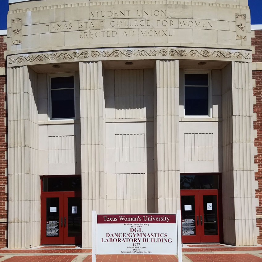 front of the Dance and Gymnastics Laboratory on TWU&rsquo;s Denton campus