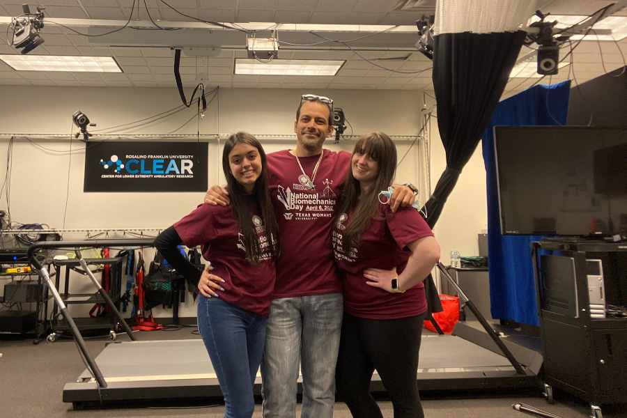 Bartlett High School student Ashley Turner, TWU biomechanics alumnus Marco Avalos, MD, PhD &rsquo;20, and TWU doctoral candidate Noelle Tuttle