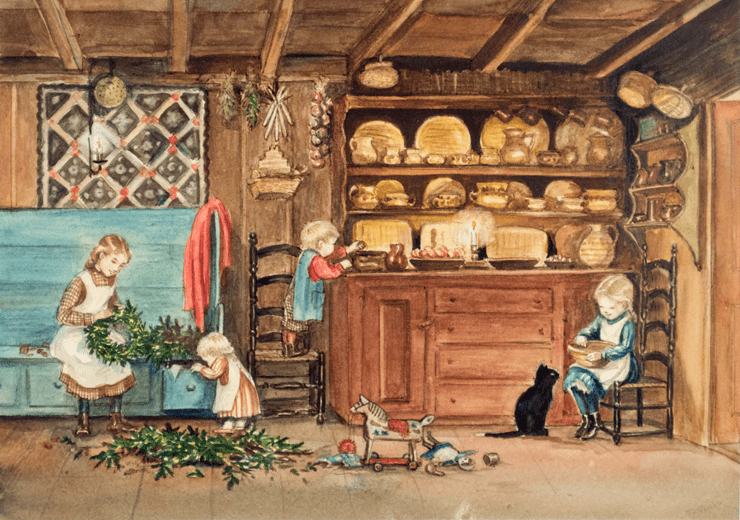 Painting of Children at Christmastime by artist Tasha Tudor