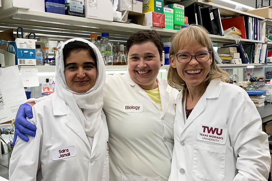 Texas Woman&rsquo;s University student Saira Jamali, Dallas College student Iryna Martsinovich and TWU professor Tina Gumienny (from left to right)