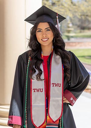 TWU graduate Laura Gallegos in her graduation reglia 
