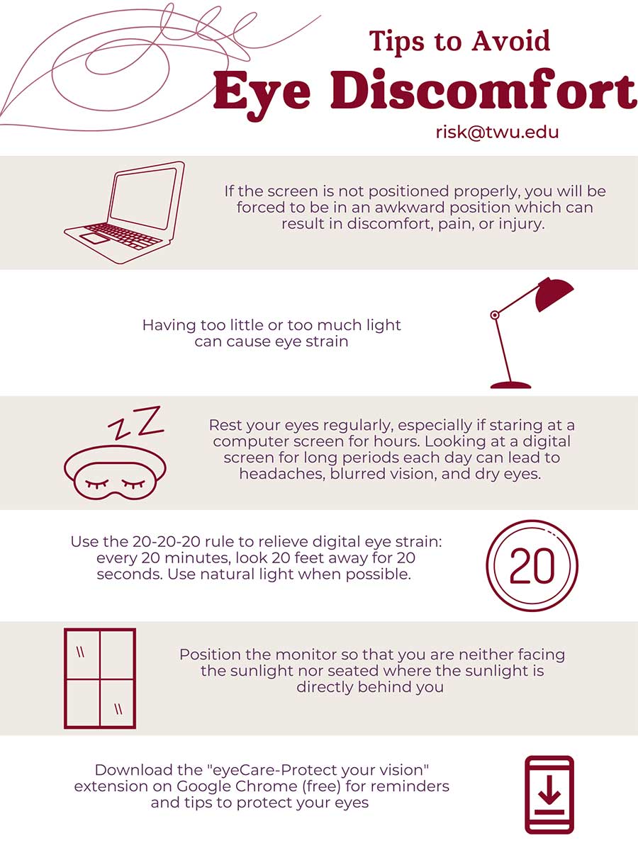 Infographic describing different recommendations to alleviate eye discomfort.